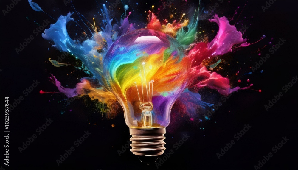Creative concept light bulb explodes with colorful water colors on a black background. Think different, creative idea