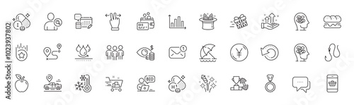 Fireworks rocket, Stress and Vitamin h1 line icons. Pack of Yen money, Hook, Online auction icon. Card, Journey, Medal pictogram. Message, Iodine mineral, Hat-trick. Waterproof. Line icons. Vector