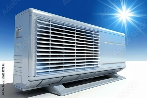 A white air conditioner unit sits on a white surface, with a bright blue sky and shining sun in the background.