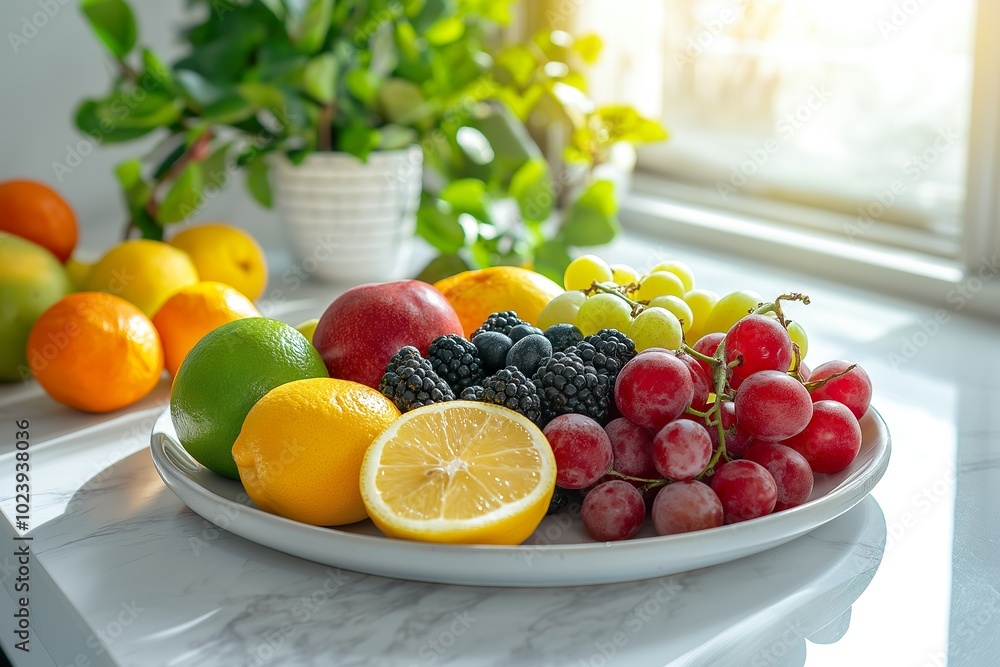 © Road Red Runner - A vibrant assortment of fresh fruits and vegetables arranged beautifully on a minimalist table bathed in natural light © Road Red Runner - A vibrant assortment of fresh fruits and vegetables arranged beautifully on a minimalist table bathed in natural light