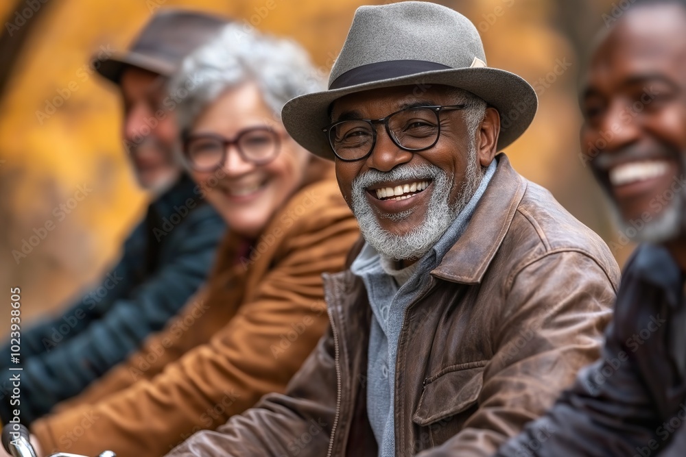 A joyful gathering of elderly friends cycling through autumn leaves, celebrating friendship and vitality during a sunny afternoon A joyful gathering of elderly friends cycling through autumn leaves, celebrating friendship and vitality during a sunny afternoon