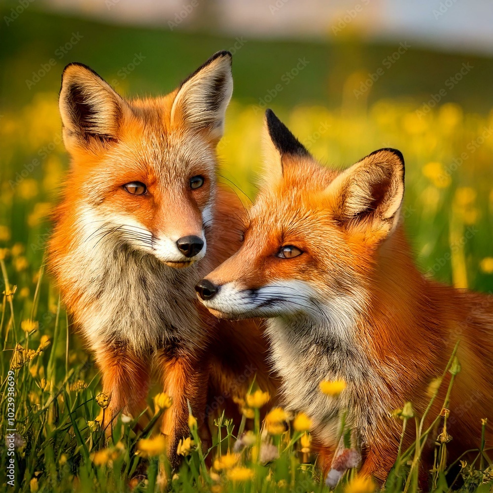 Obraz premium Dos zorros juntos en un campo de flores