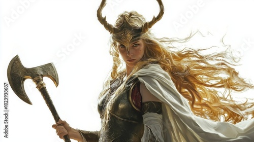 powerful portrayal Idunn the goddess of youth in Scandinavian mythology showcasing her flowing hair and majestic presence with an axe symbolizing bravery and vitality. photo