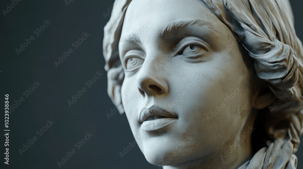 Close-up of a White Marble Bust of a Woman with a Headscarf