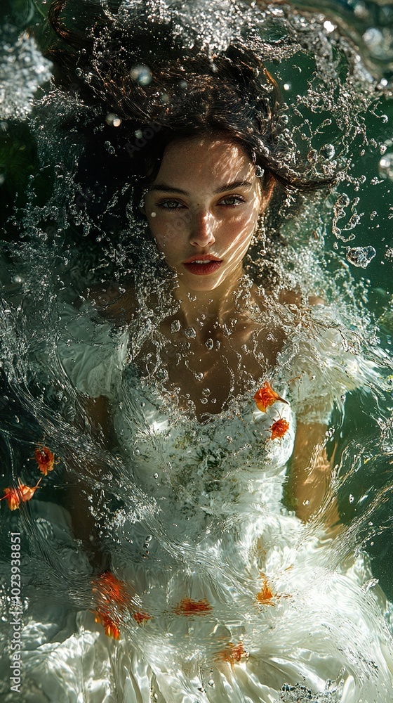 Obraz premium Woman Underwater with Flowers: A Dreamy Portrait