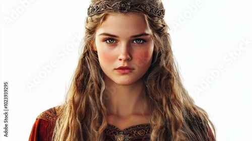 Idunn goddess associated with youth and immortality portrayed with long flowing hair and an elegant expression embodying the essence of Scandinavian mythology and legend. photo