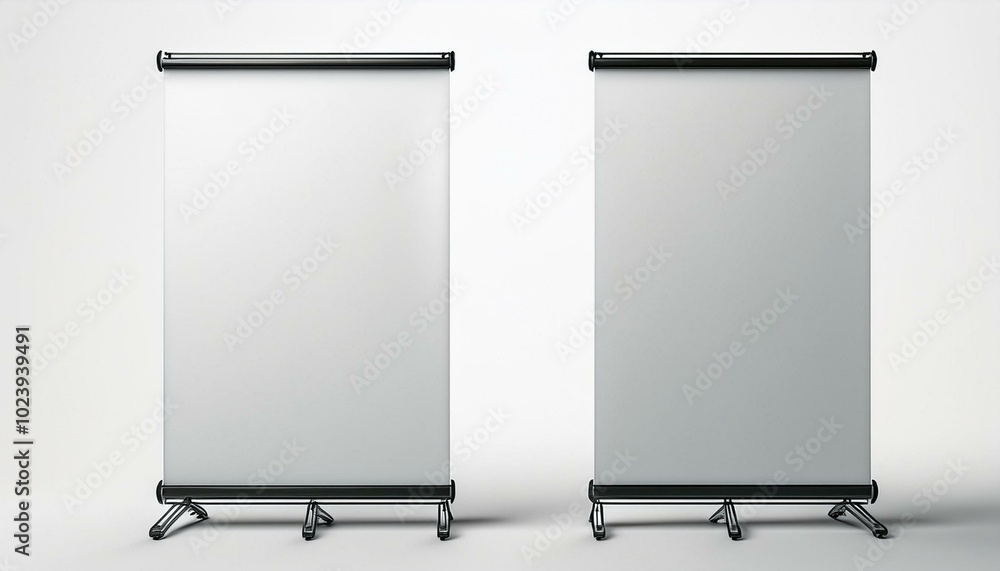 Two blank roll up banner display stands on white background Two blank roll up banner display stands on white background