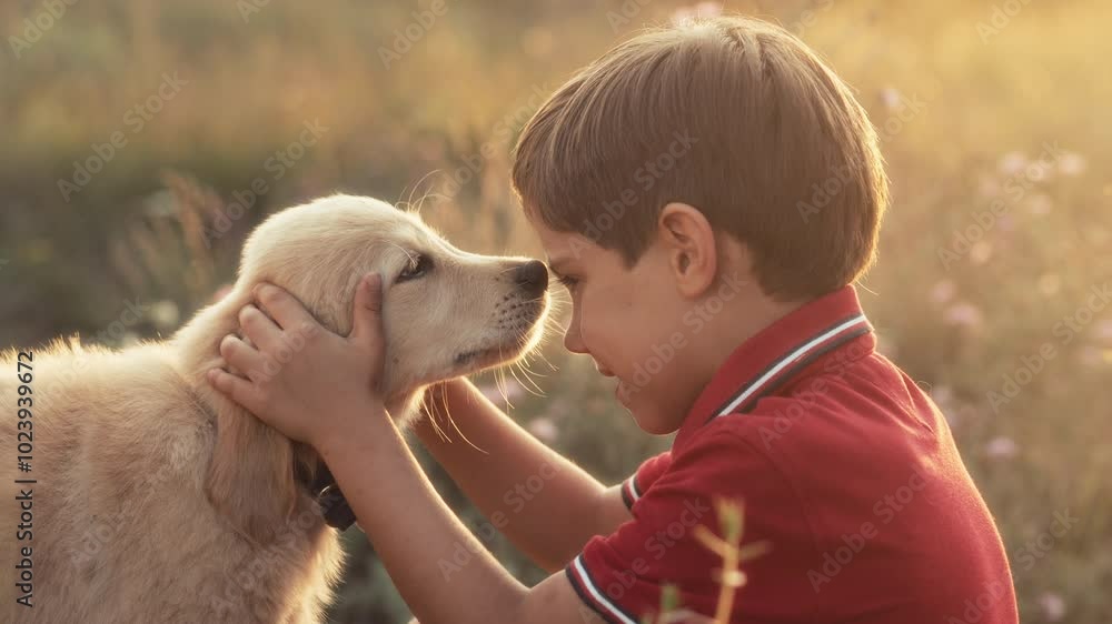 Cute little boy talking with golden retriever puppy on countryside nature background. Golden hour, sunset light. Child stroking dog. Happy lovely pet, new member of family Cute little boy talking with golden retriever puppy on countryside nature background. Golden hour, sunset light. Child stroking dog. Happy lovely pet, new member of family