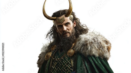 detailed portrayal of Loki the Scandinavian god known for his cunning and mischief features him in ornate attire with distinctive horns embodying Norse mythology. photo