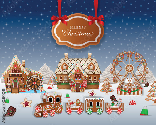 christmas background with gingerbread landscape. christmas poster with cookies and candies