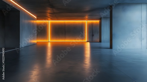 5. An elegant empty room with a futuristic aesthetic, showcasing a sleek cement floor and illuminated walls, creating a modern interior concept for showcasing innovative products in a sci-fi