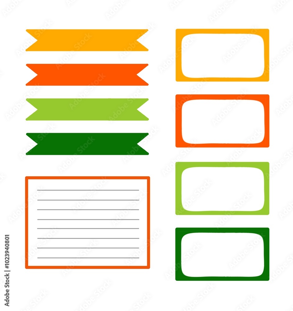 Set of bookmarks and stickers in bright colors. Stationery illustration. Collection of design elements Set of bookmarks and stickers in bright colors. Stationery illustration. Collection of design elements