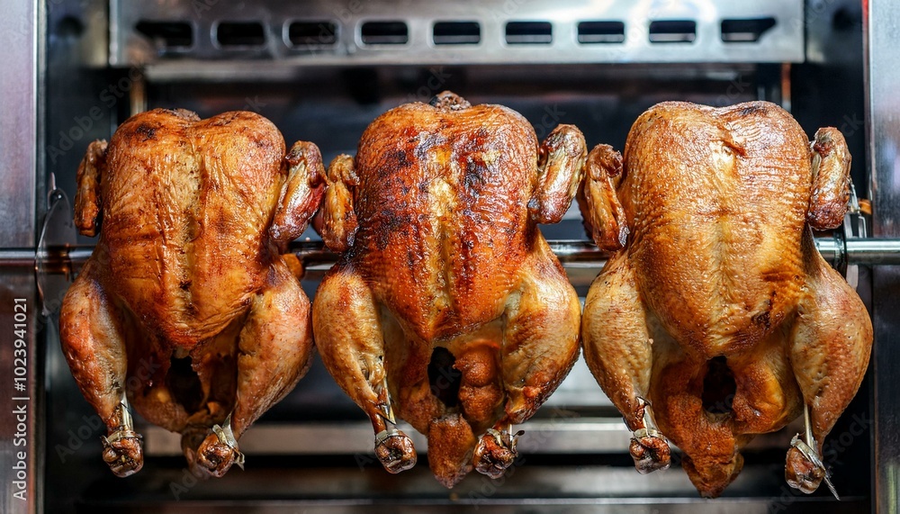 Naklejka premium Grilling whole chickens in rotisserie machine, closeup