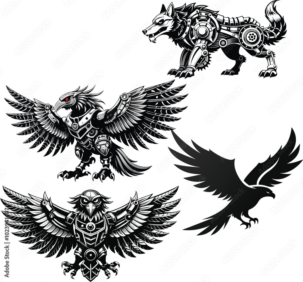 Obraz premium High-Quality Black and White Animal Silhouettes and Steampunk Mechanical Creatures Vector Collection