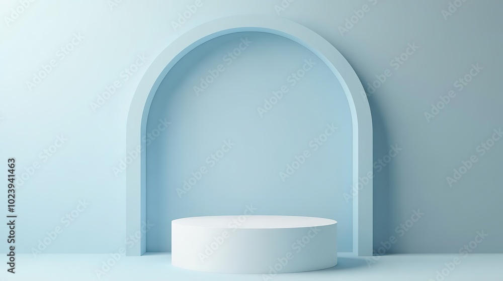 3D White Cylinder Podium on Blue Background with Arch for Product Presentation, Minimalistic Vector Illustration Mockup 3D White Cylinder Podium on Blue Background with Arch for Product Presentation, Minimalistic Vector Illustration Mockup