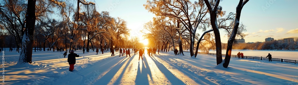 Snowy park in the 1960s, ice flakes gently falling as children play, a frozen pond in the distance, soft golden light Snowy park in the 1960s, ice flakes gently falling as children play, a frozen pond in the distance, soft golden light