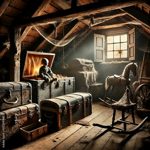 An old attic filled with dusty objects and a creepy doll photo