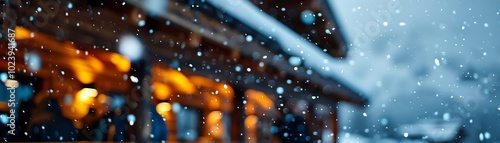 Vintage ski lodge entrance, ice flakes collecting on the wooden roof, 1970s skiers chatting near the door, warm light from inside