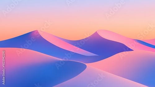 Serene Pink and Blue Gradient Desert Landscape with Majestic Dunes in 3D Rendering. Ideal for High-Quality Wallpapers and Posters, Featuring Ultra-High Definition Detail and a Low-Contrast, Sharp Film