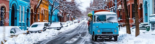 Classic ice cream truck parked on a snowy street, ice flakes settling on its pastel paint, 1960s neighborhood in the background