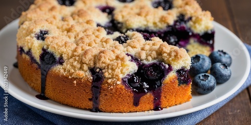 Blueberry crumb cake closeup with blueberries and a simple background