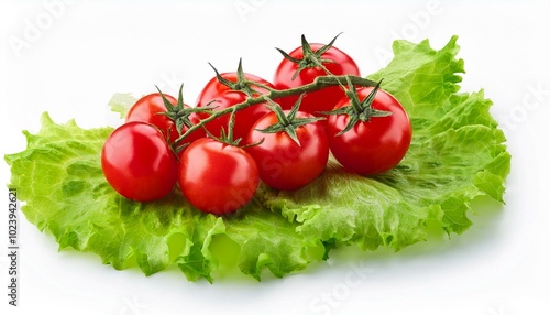 Ripe red cherry tomatoes bunch on green lettuce leaf isolated on white background. Fresh vegetables ingredients.