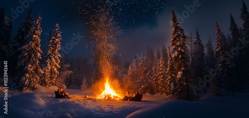Winter bonfire wallpaper background 001