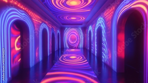 A Hallway Illuminated by Neon Swirls of Pink and Blue