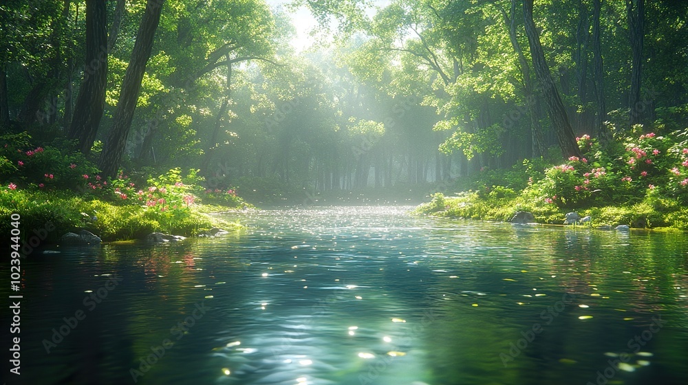 Tranquil Forest River with Sunlight Streaming Through Trees Tranquil Forest River with Sunlight Streaming Through Trees