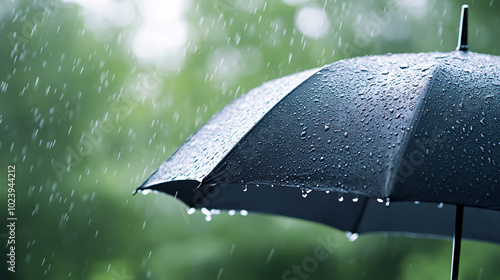 close up top view of red umbrella with raining water is pouring, light rain photo