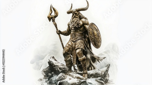 striking representation of Njord the deity revered in Norse mythology stands confidently with his trident and shield embodying the elements of sea and wind. photo