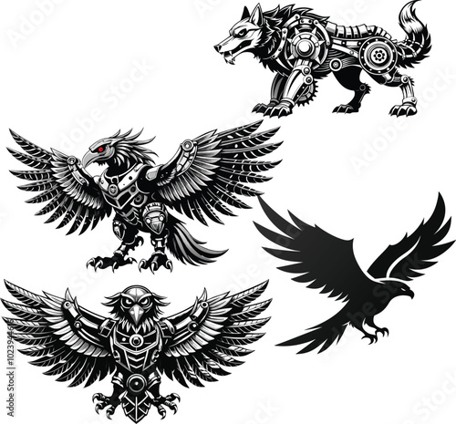 High-Quality Black and White Animal Silhouettes and Steampunk Mechanical Creatures Vector Collection