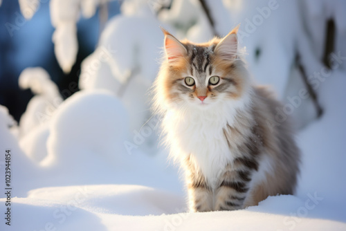 Norwegian forest kitten in the snow