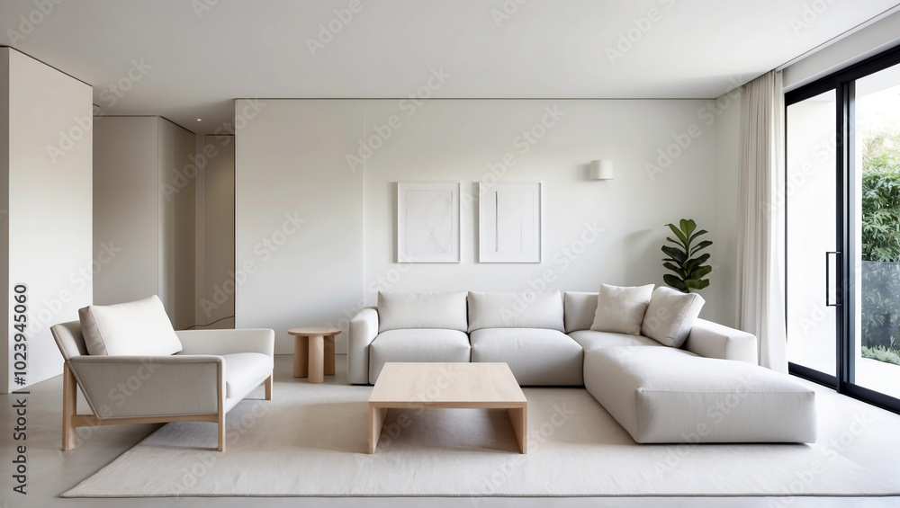 Fototapeta premium The living room is clean, minimalist and open with soft white, cream and light gray colors and a neutral combination of wooden furniture
