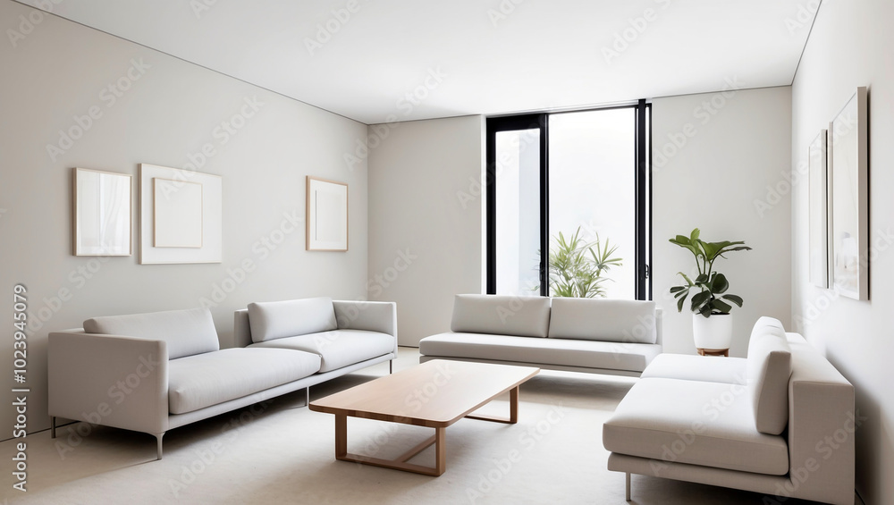 The living room is clean, minimalist and open with soft white, cream and light gray colors and a neutral combination of wooden furniture The living room is clean, minimalist and open with soft white, cream and light gray colors and a neutral combination of wooden furniture