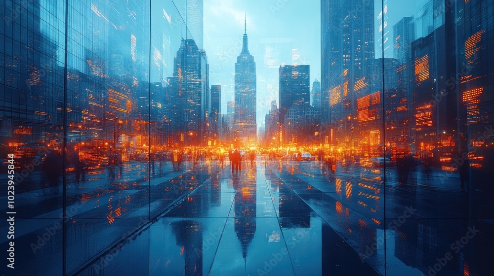 A city street with tall buildings reflecting in the wet pavement, with people walking and traffic lights glowing in the background. A city street with tall buildings reflecting in the wet pavement, with people walking and traffic lights glowing in the background.