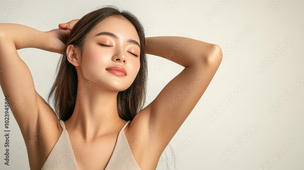 A woman with long hair and a white tank top is posing for a picture. She has a relaxed and peaceful expression on her face