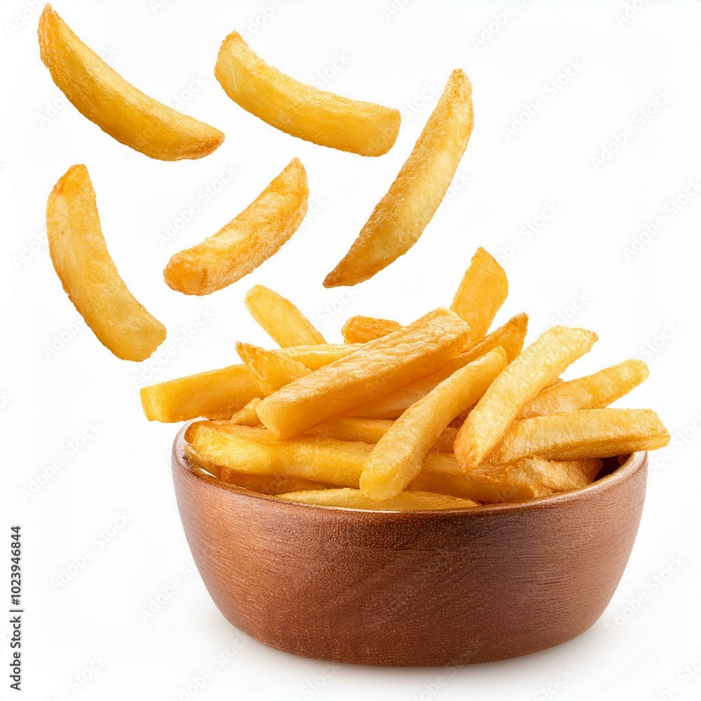 Falling french fries, potato fry isolated on white background, full depth of field Falling french fries, potato fry isolated on white background, full depth of field