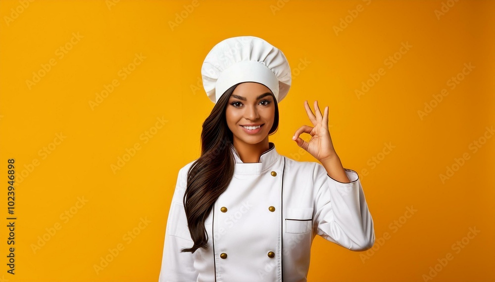 Professional chef woman showing sign for delicious on a yellow background Professional chef woman showing sign for delicious on a yellow background