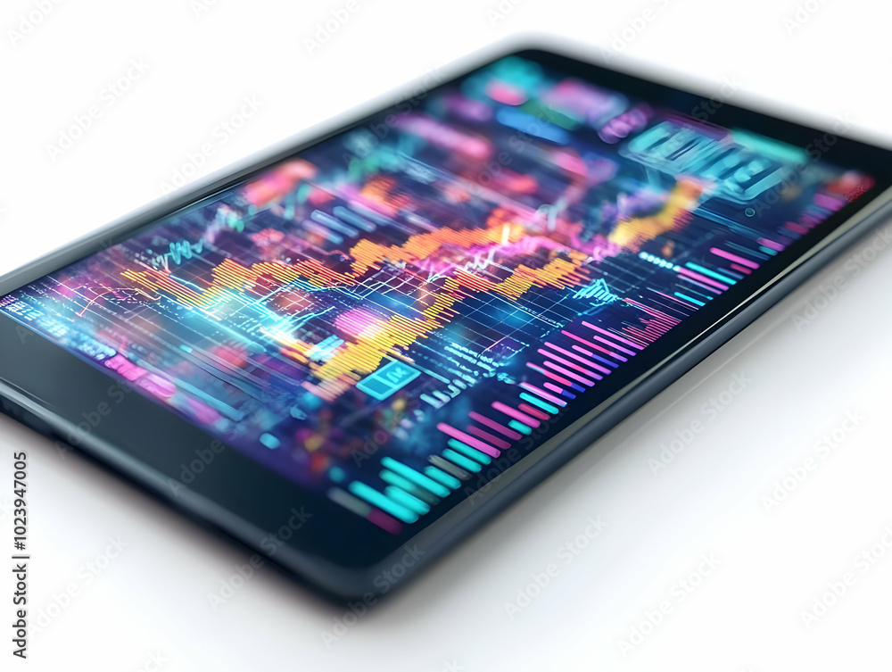 Futuristic Tablet with Holographic Financial Charts and Currency Symbols - A Macro Close-Up Illustration for Smart Business Analysis and Advertising Futuristic Tablet with Holographic Financial Charts and Currency Symbols - A Macro Close-Up Illustration for Smart Business Analysis and Advertising