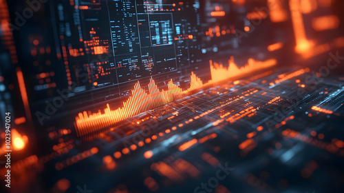 3D Macro View of Virtual Economy Graph on Futuristic Screen - Close Up of Economic Analysis, Wealth Planning, and Retail Business Strategies Icon on White Background