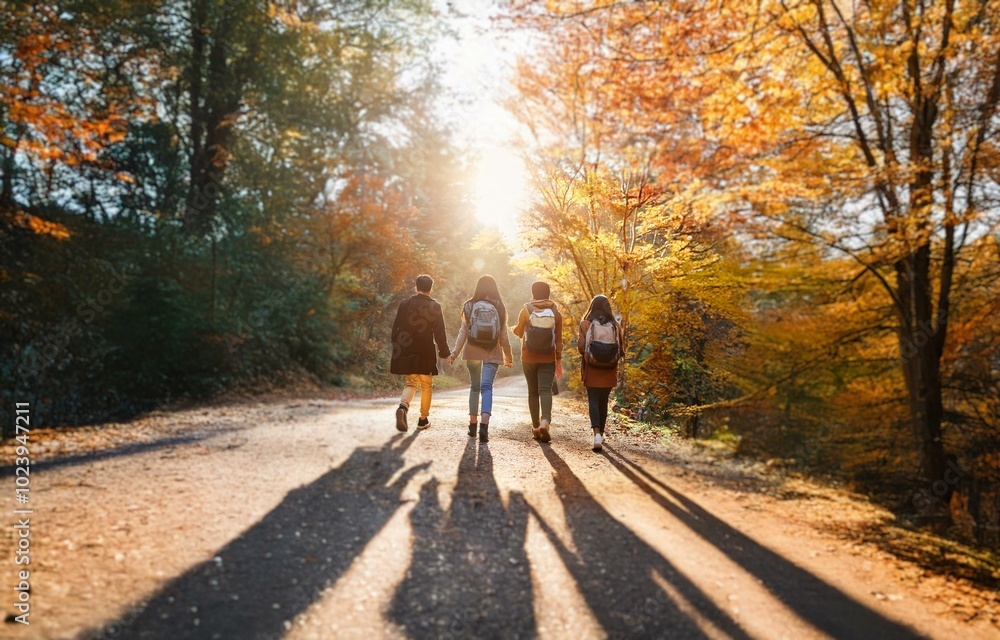 Fototapeta premium Four people walk along a forest path in the sunlight. The trees are in the background and the sun shines through the leaves.