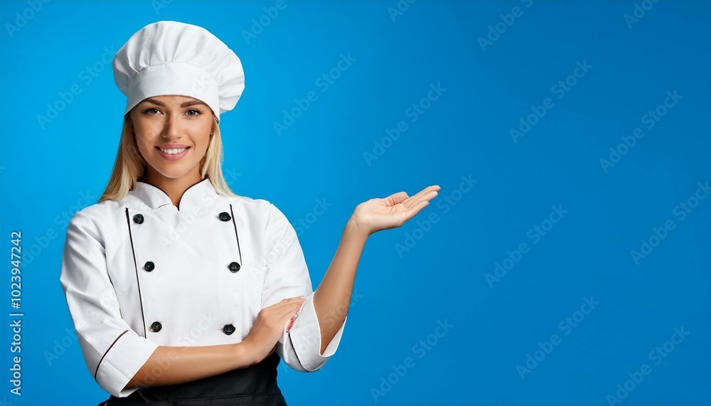 Professional chef woman showing sign for delicious on a blue background Professional chef woman showing sign for delicious on a blue background