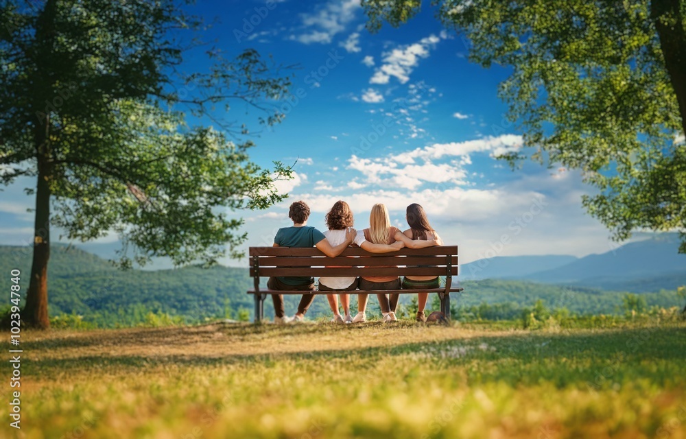 Four friends sit on a bench, facing away from the camera, and gazing at the distant mountains. Four friends sit on a bench, facing away from the camera, and gazing at the distant mountains.