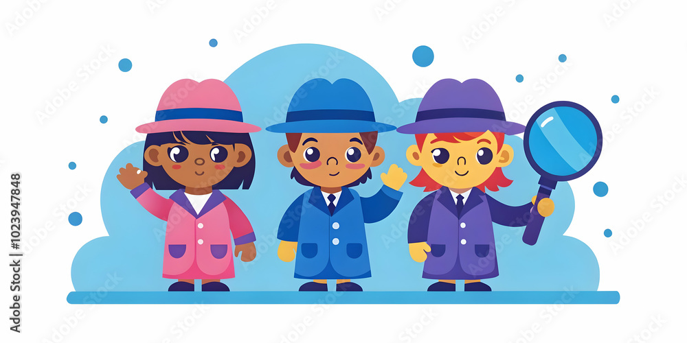Children Acting as Detectives Solving a Mystery in Playground with Toy Magnifying Glasses - Soft Abstract Background Emphasizing Teamwork and Problem Solving Children Acting as Detectives Solving a Mystery in Playground with Toy Magnifying Glasses - Soft Abstract Background Emphasizing Teamwork and Problem Solving