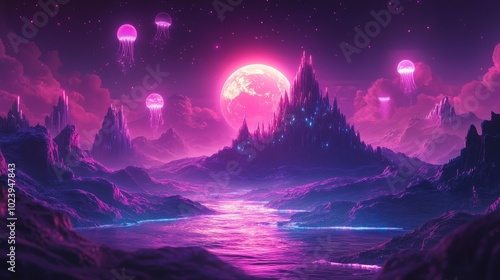 A surreal floating island drifts in space, crystal mountains shimmer in the dark, and luminous jellyfish drift above. Constellations of mythical creatures glow brightly