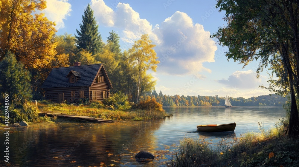 Rustic Log Cabin by a Tranquil Lake in Autumnal Forest Rustic Log Cabin by a Tranquil Lake in Autumnal Forest