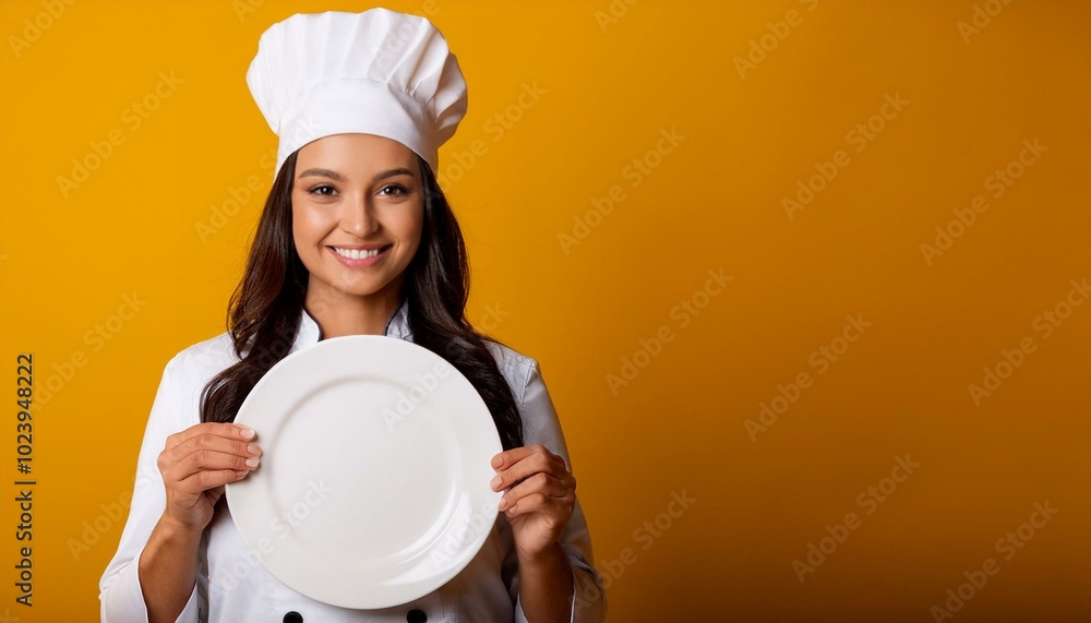 Woman in cook uniform, hat and holding plate on yellow background Woman in cook uniform, hat and holding plate on yellow background