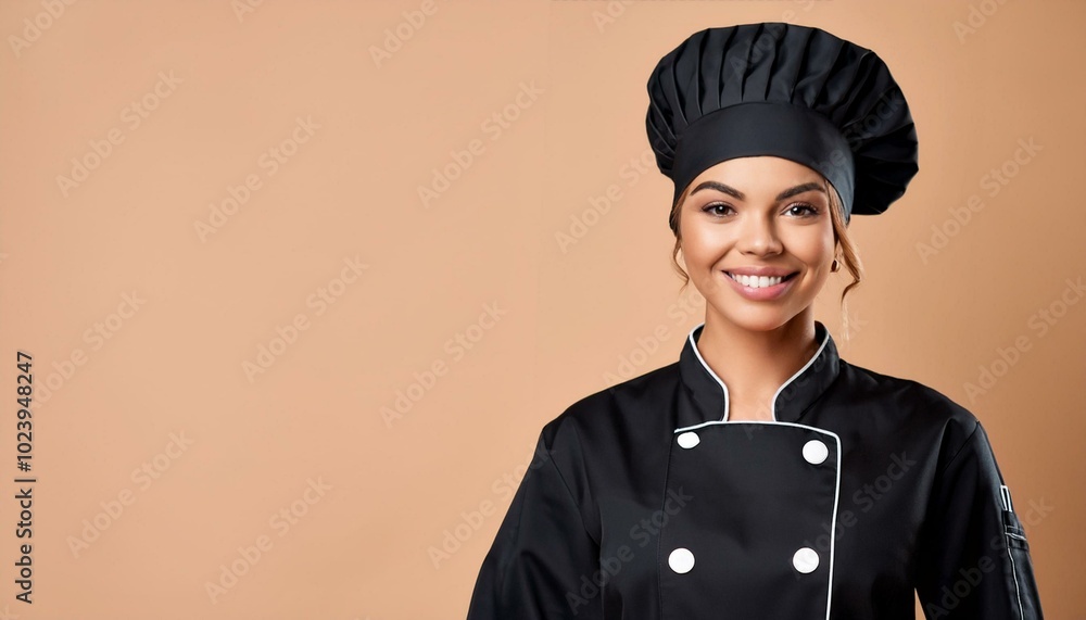 Woman in chef or cook black uniform with hat on beigei isolated background Woman in chef or cook black uniform with hat on beigei isolated background