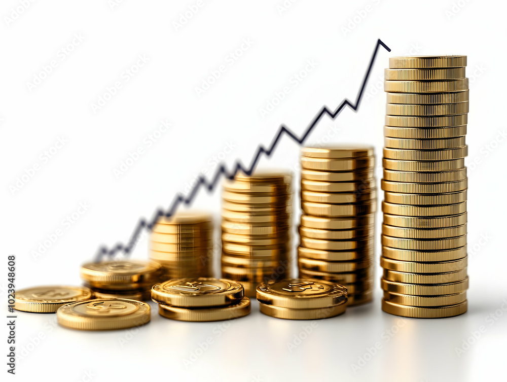Flat Design of Investment Coins and Growth Chart on Glossy White Background - Emphasizing Financial Growth and Investment Opportunities for Advertisements in Wealth Management and Financial Planning Flat Design of Investment Coins and Growth Chart on Glossy White Background - Emphasizing Financial Growth and Investment Opportunities for Advertisements in Wealth Management and Financial Planning